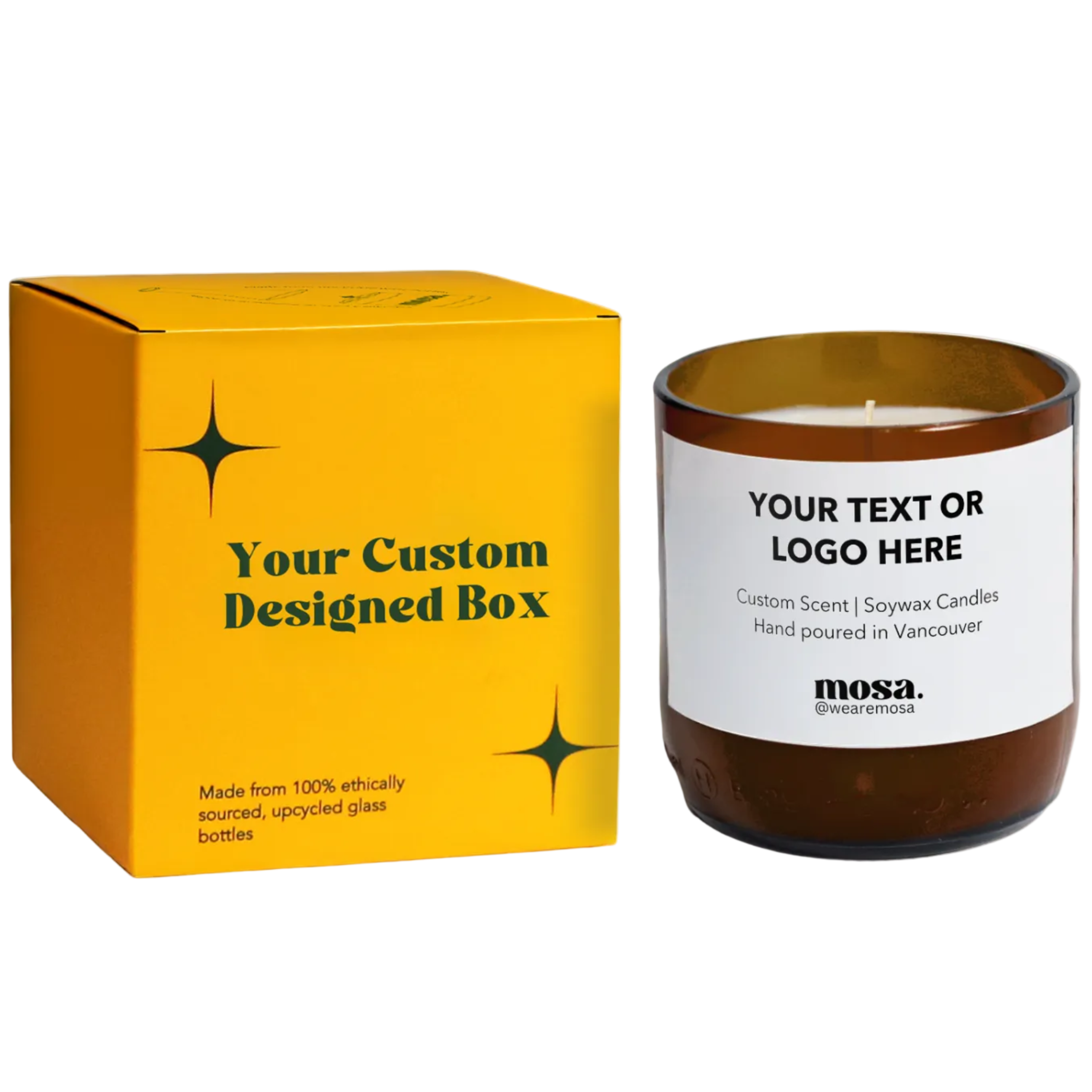 Yellow custom designed box and brown bottle candle with white label on a white background