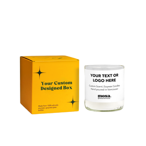 Custom candle with customizable text or logo next to a yellow box labeled 'Your Custom Designed Box'.