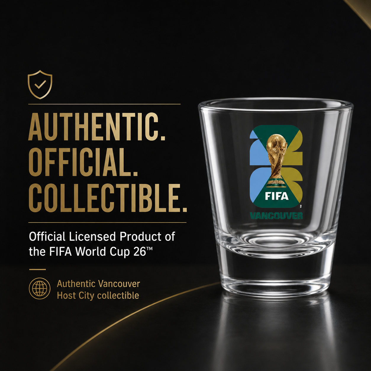 Clear glass with FIFA World Cup 26 logo on a black background