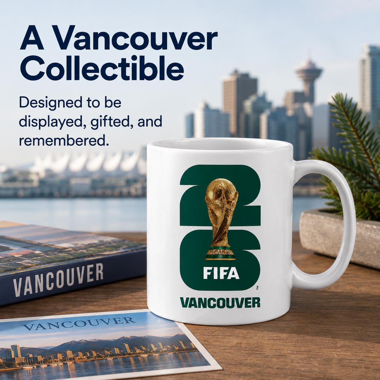FIFA Vancouver 2016 mug with cityscape in the background