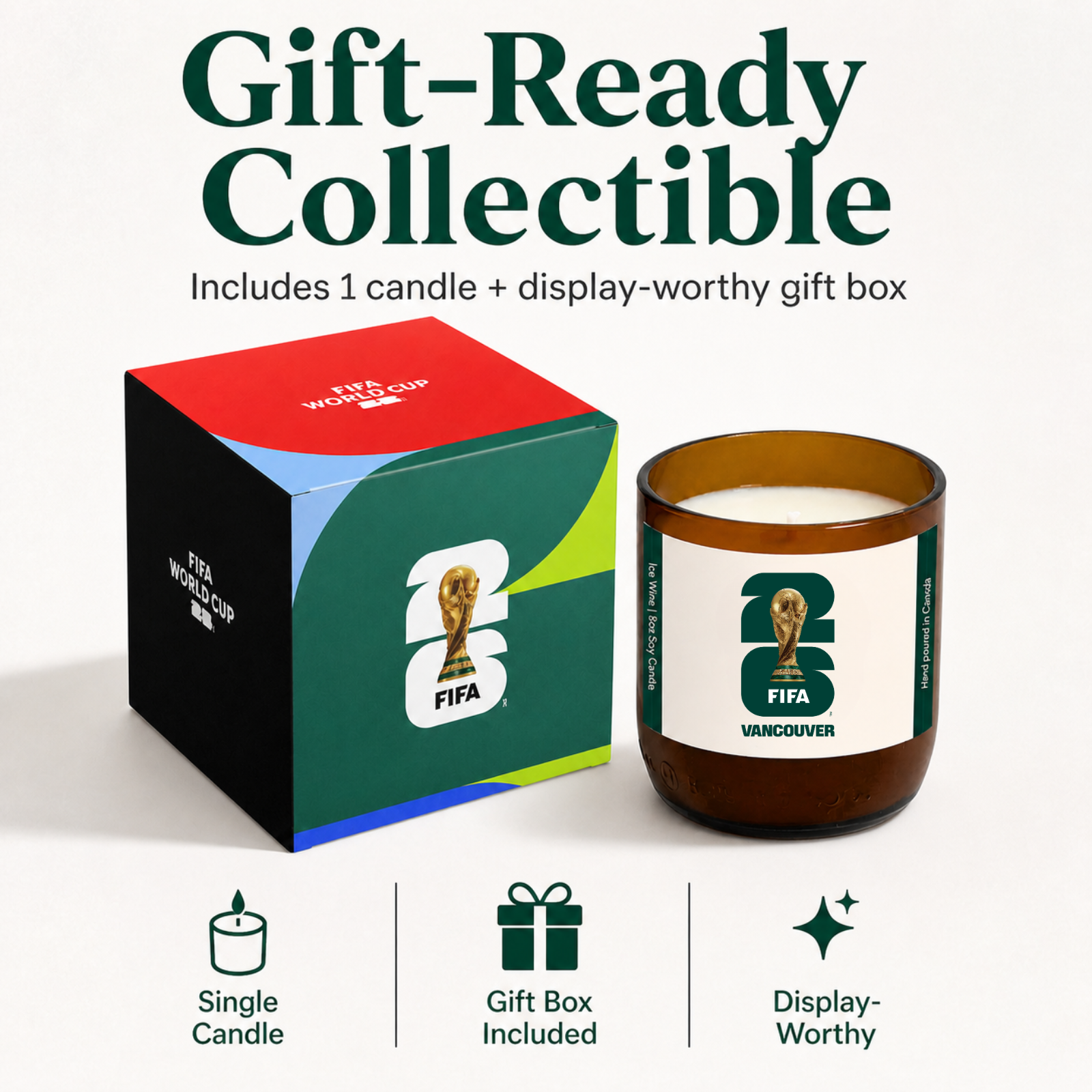 Gift Ready Collectible FIFA World Cup candle and packaging on a white background