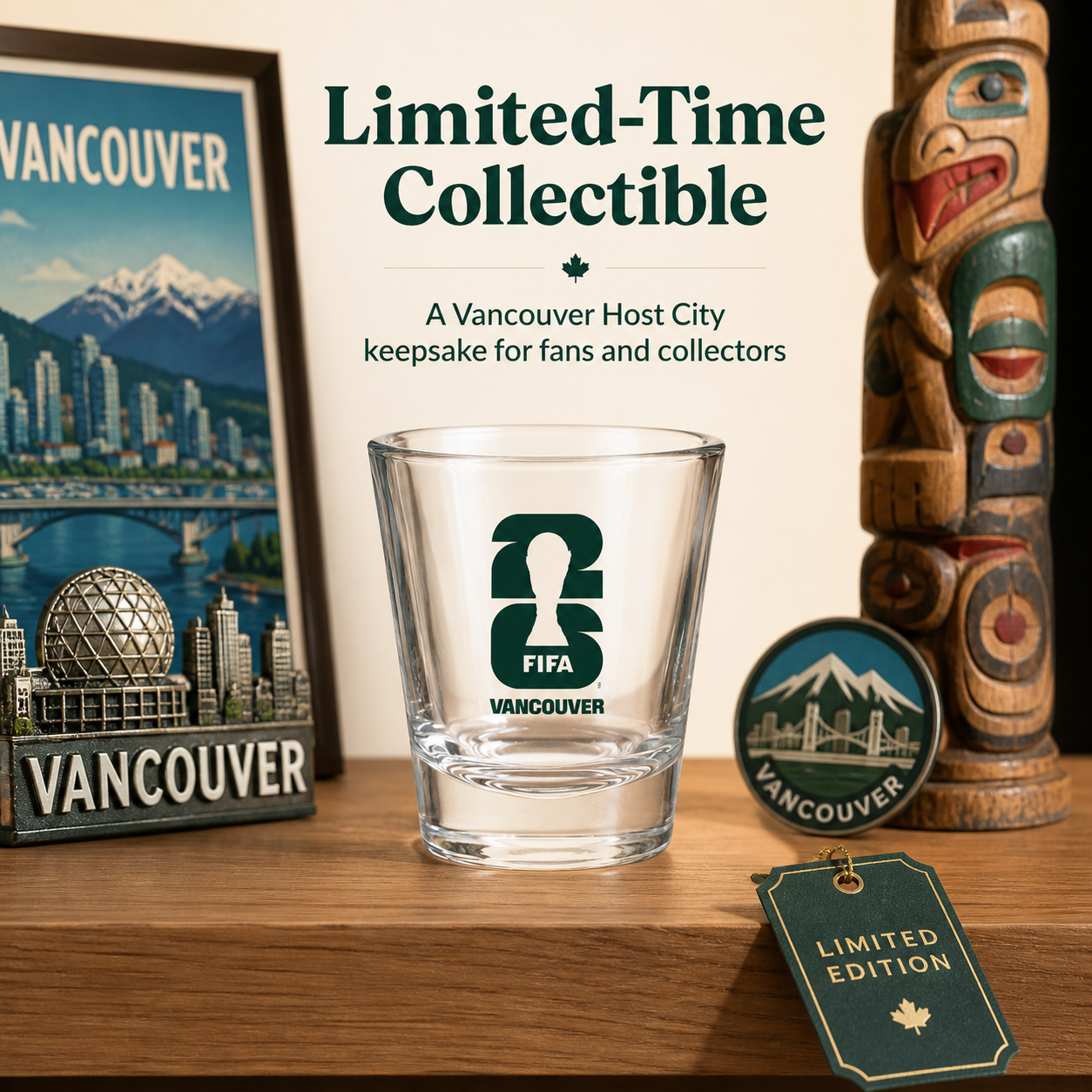 Glass with FIFA Vancouver logo, wooden totem pole, and framed picture of Vancouver on a wooden surface.