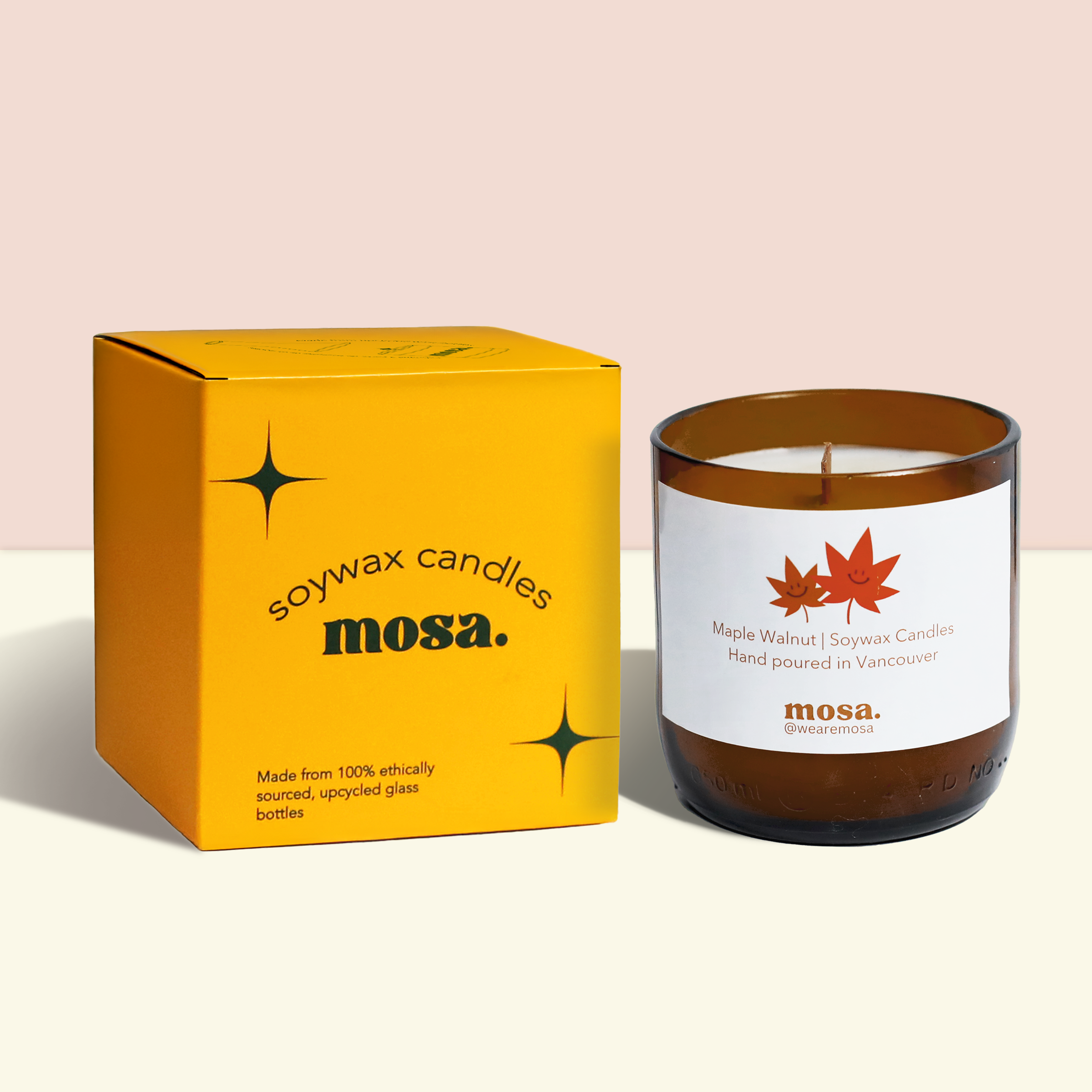Sustainable gifts made with recyclable glassware, maple walnut scented soy candle