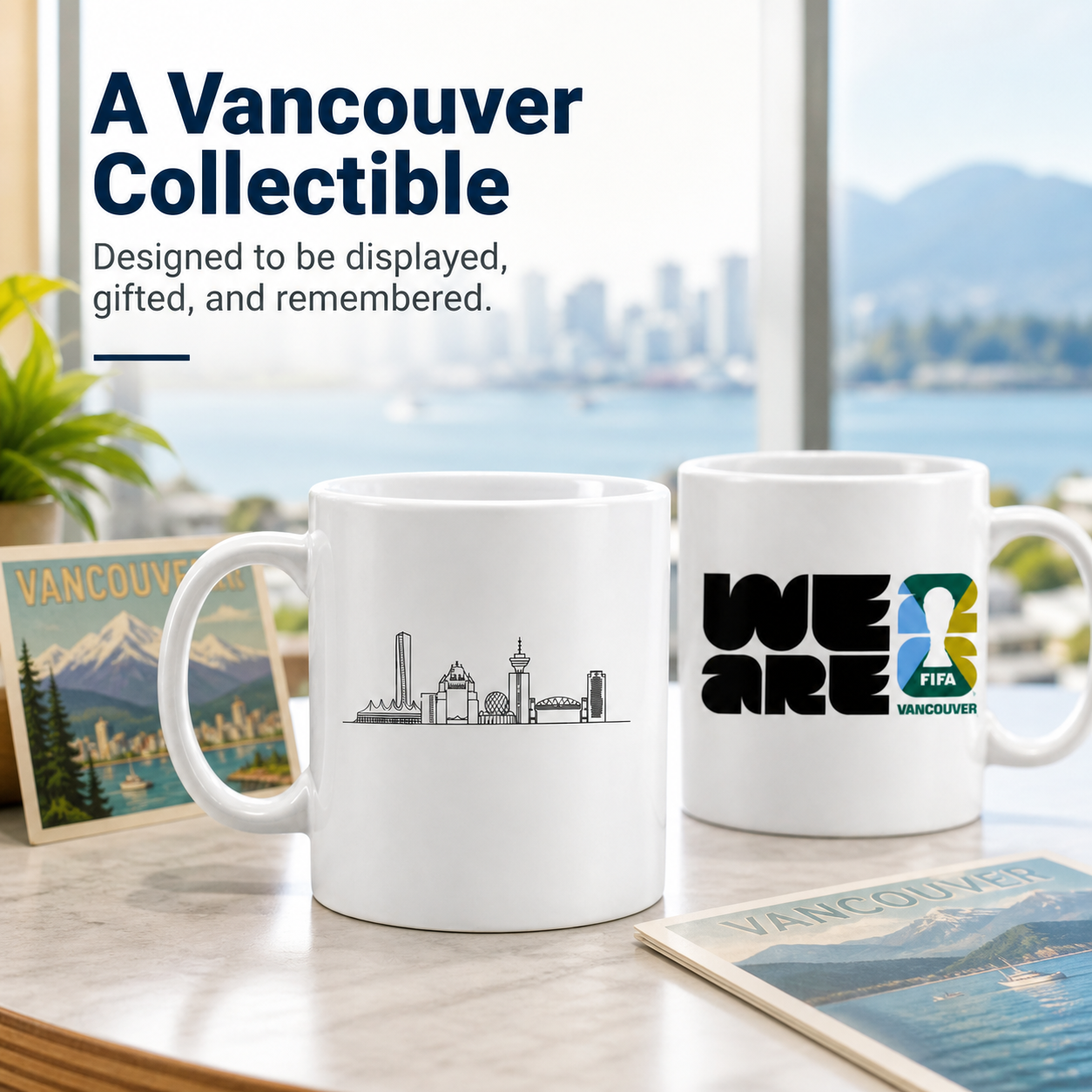 Two mugs with FIFA Vancouver-themed designs on a table with a cityscape background