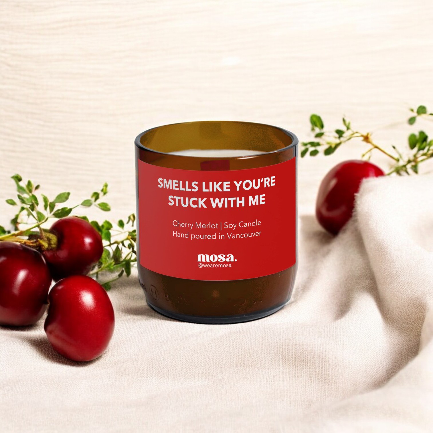 Sustainable gifts made with recyclable glassware, cherry merlot scented soy candle with valentine package