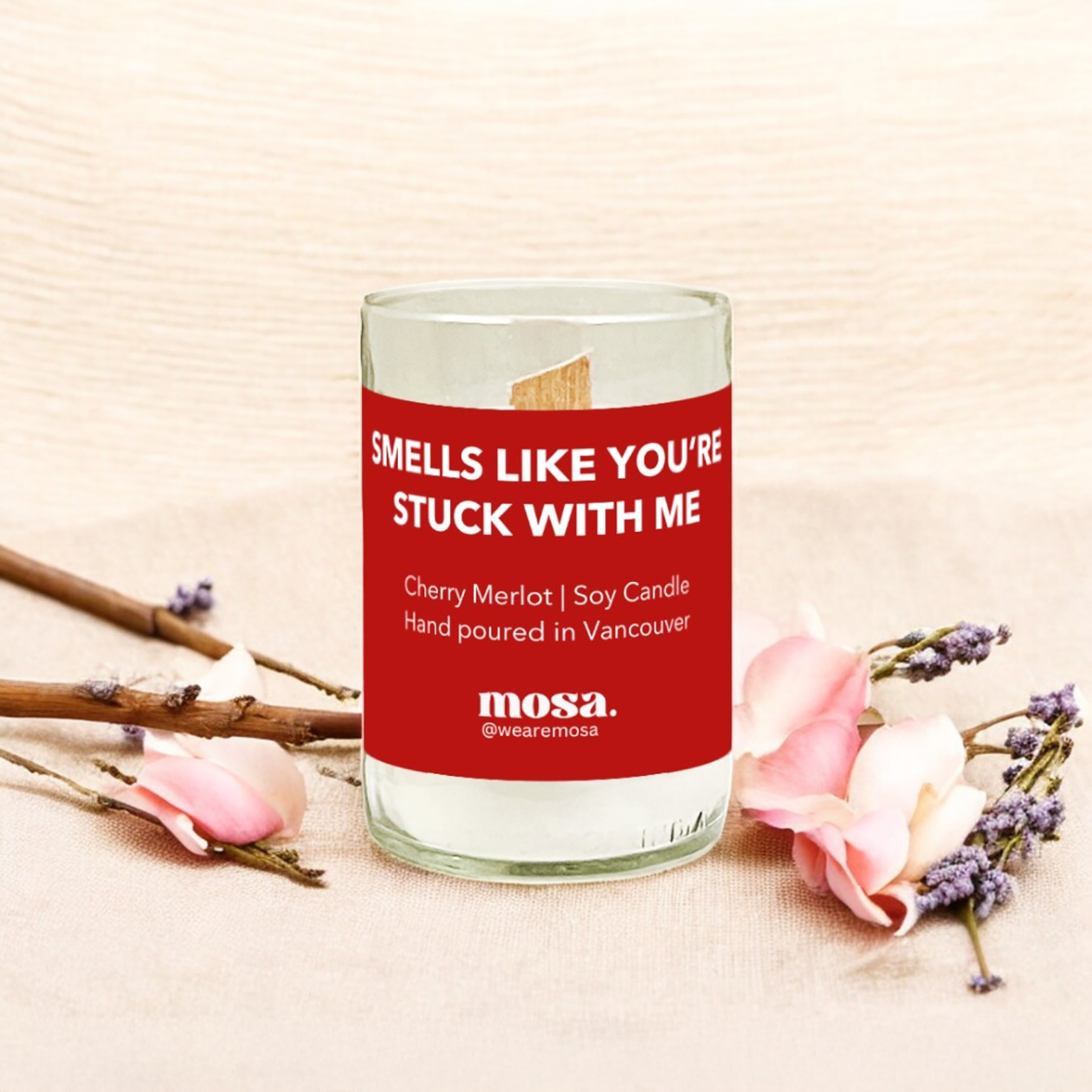 Sustainable gifts made with recyclable glassware, cherry merlot scented soy candle with valentine package