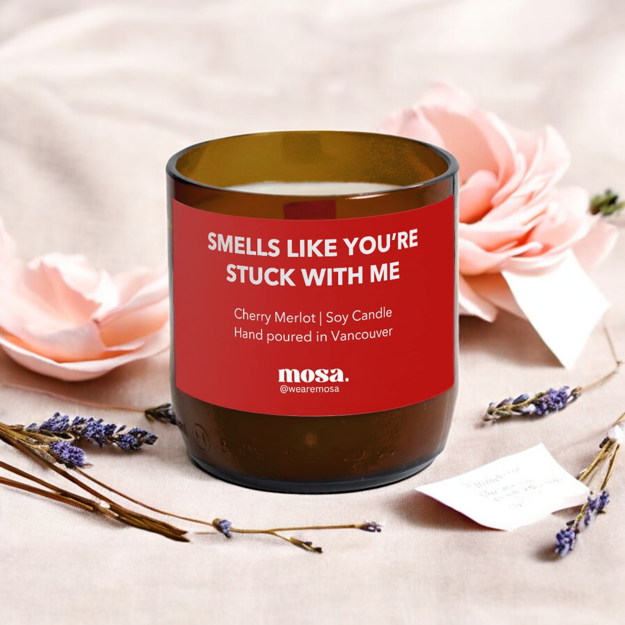 Sustainable gifts made with recyclable glassware, cherry merlot scented soy candle with valentine package