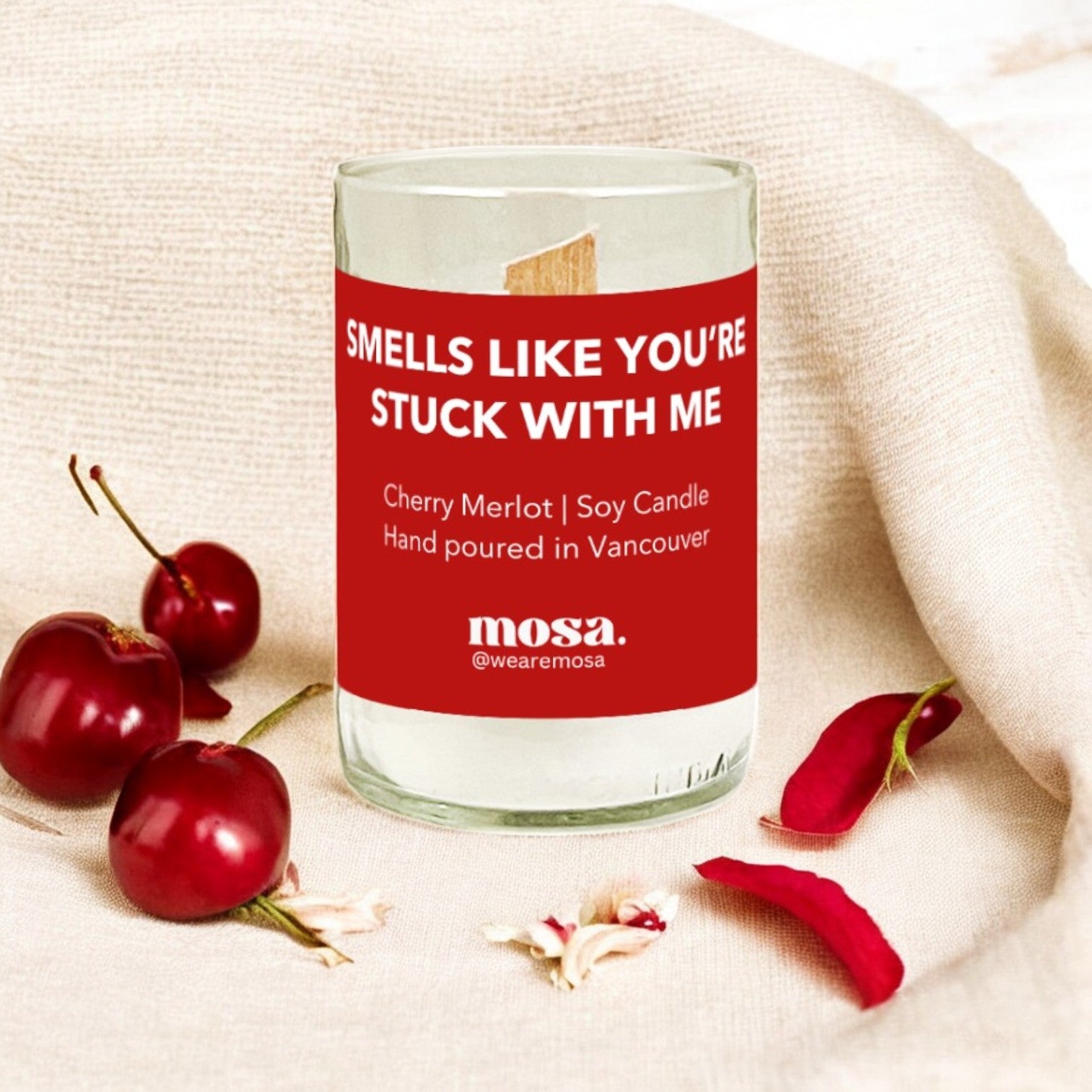 Sustainable gifts made with recyclable glassware, cherry merlot scented soy candle with valentine package