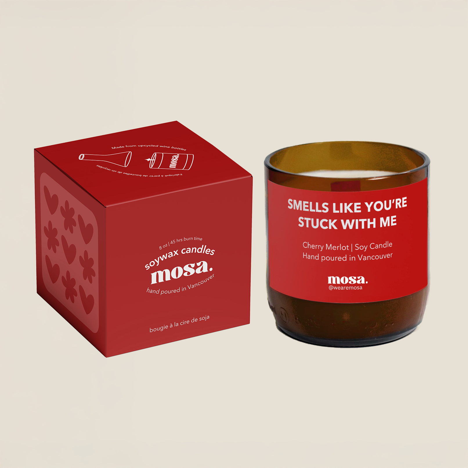 Sustainable gifts made with recyclable glassware, cherry merlot scented soy candle with valentine package