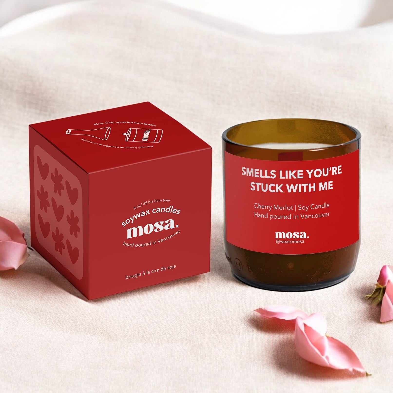 Sustainable gifts made with recyclable glassware, cherry merlot scented soy candle with valentine package