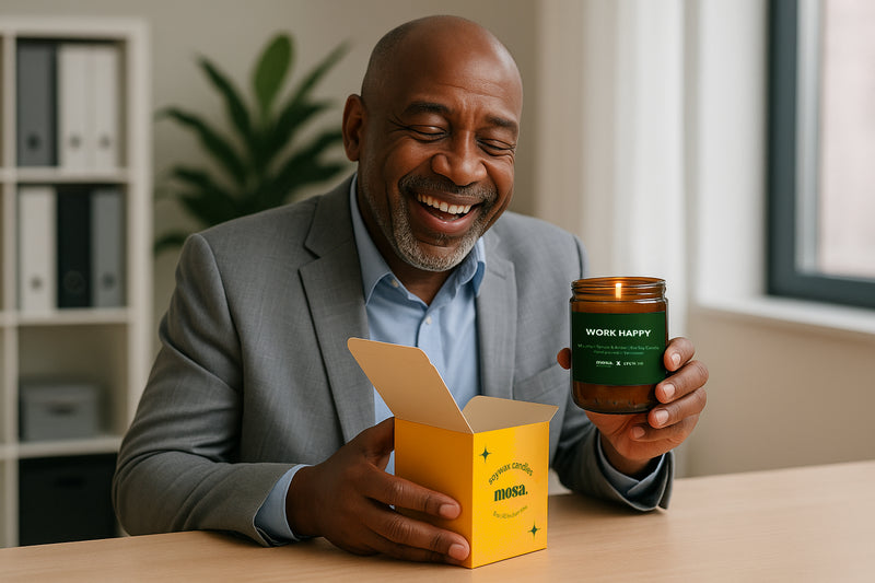 Man holding a 'Work Happy' soy-wax candle in upcycled glass jar and yellow Mosa box in an office setting