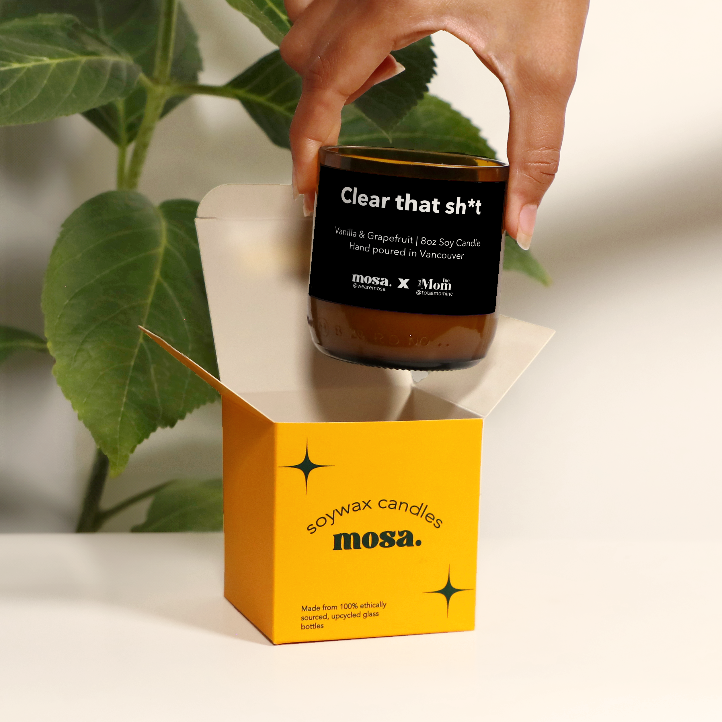 Custom corporate gift candles with your logo, soywax candles, Clear that Sh*t, TotalMomInc X mosa