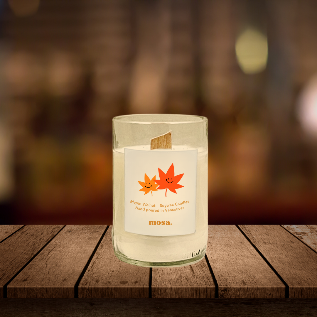 Sustainable gifts made with recyclable glassware, maple walnut scented soy candle