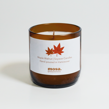 Sustainable gifts made with recyclable glassware, maple walnut scented soy candle