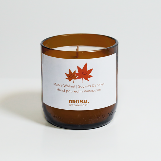 Sustainable gifts made with recyclable glassware, maple walnut scented soy candle