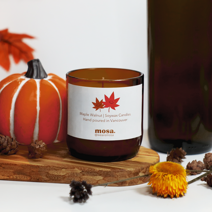 Sustainable gifts made with recyclable glassware, maple walnut scented soy candle