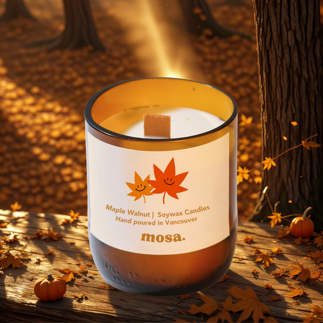 Sustainable gifts made with recyclable glassware, maple walnut scented soy candle