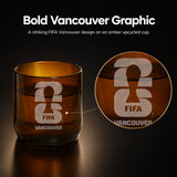 Amber upcycled cup with FIFA Vancouver design on a dark background
