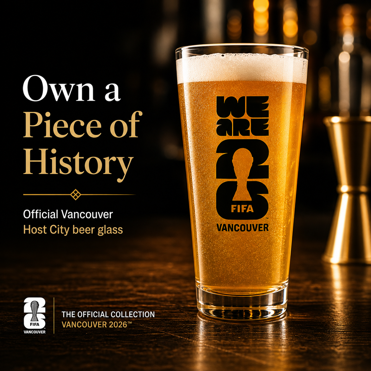 Beer glass with FIFA Vancouver 2026 logo on a wooden surface