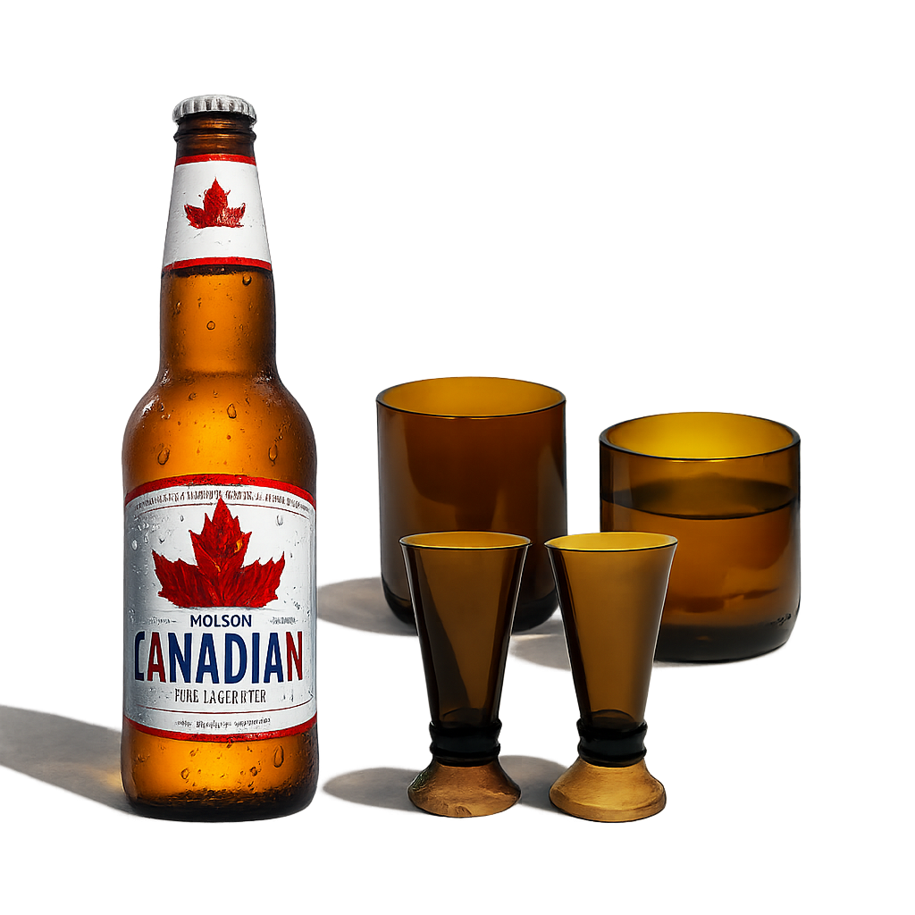 Molson Canadian beer bottle with glasses on a white background
