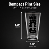 Clear glass pint with 'WE ARE 2026 FIFA Vancouver' design, shown with measurements on a black background.