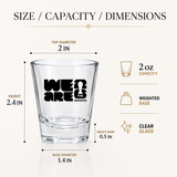 Clear glass shot glass with 'We Are FIFA Vancouver' branding and dimensions on a white background