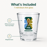Clear shot glass with FIFA Vancouver design on a white background