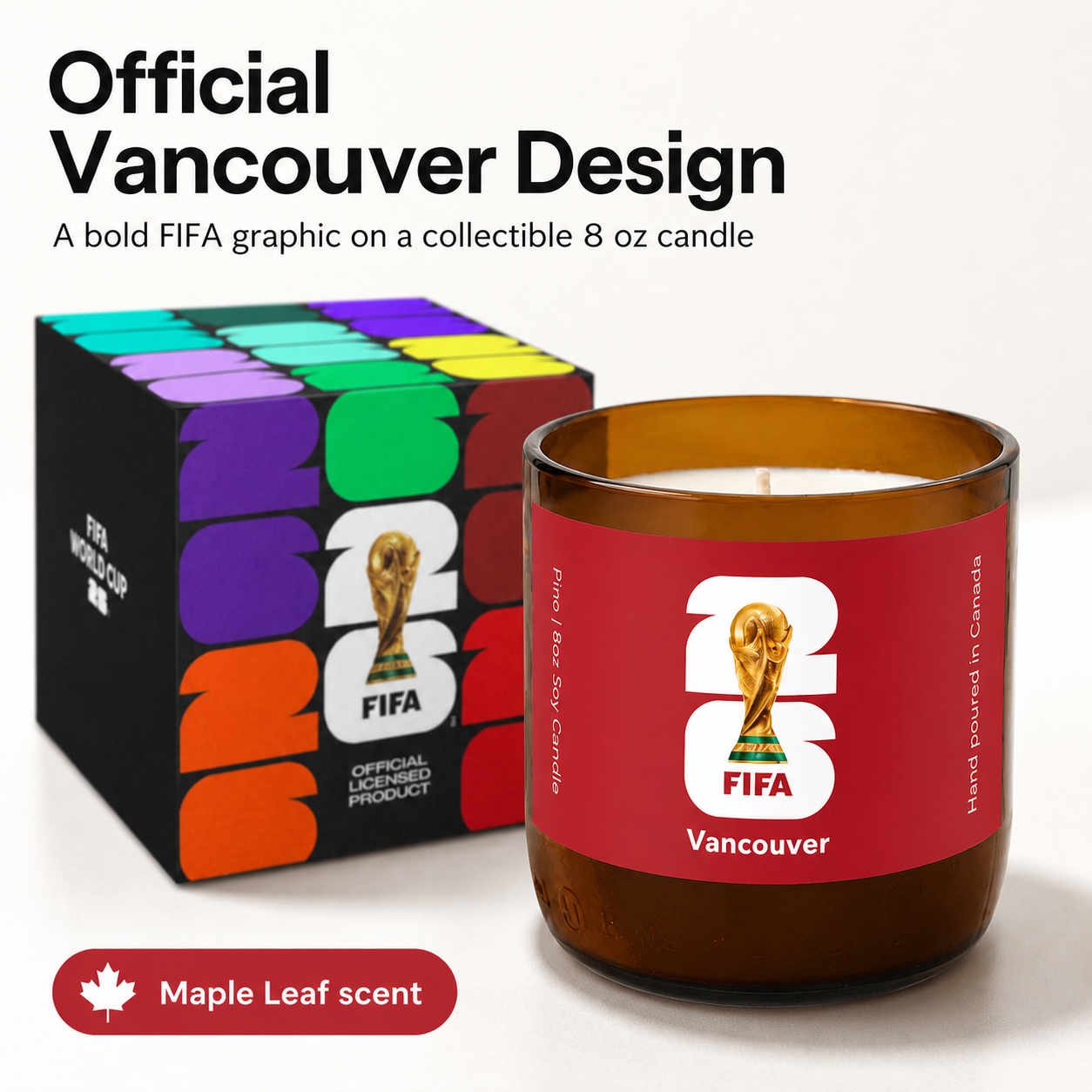 FIFA Vancouver candle with packaging on a white background