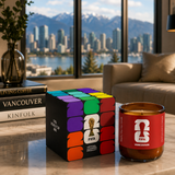 FIFA logo and candle on a table with cityscape view