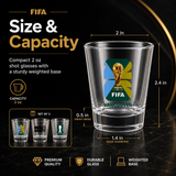 FIFA shot glass with dimensions and features on a dark background