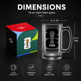 Glass beer mug with FIFA Vancouver branding and dimensions displayed on a black background.