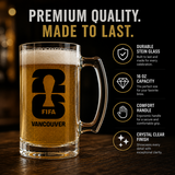 Glass mug with FIFA Vancouver logo filled with beer, on a dark background with product features listed.