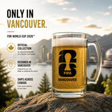 Glass of beer with FIFA Vancouver design on a scenic background