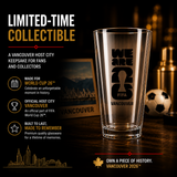 Glass with 'We Are FIFA Vancouver' design on a dark background
