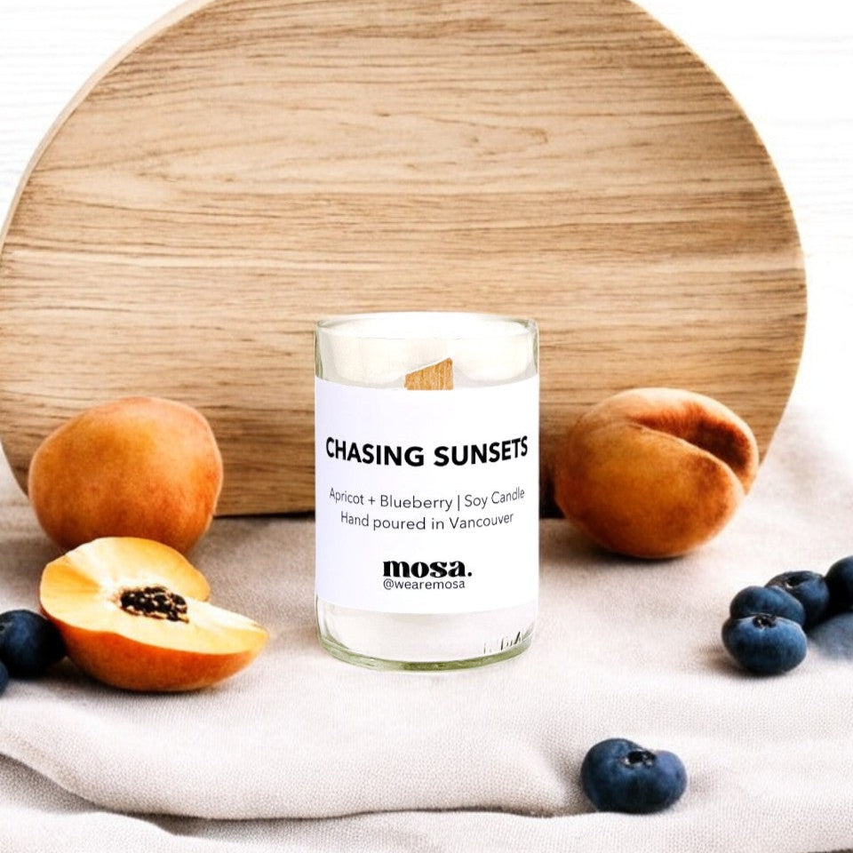 Eco-friendly gifts made with recyclable glassware, apricot and blueberry scented 4oz candle