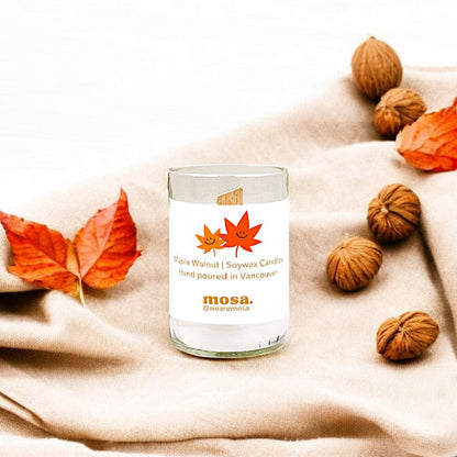 Sustainable gifts made with recyclable glassware, maple walnut scented soy candle