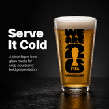 Pint glass with 'We Are 2026' FIFA Vancouver logo on a dark background