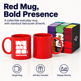 Red mug with 'WE ARE 2026 Vancouver' text, gift box, and text 'Red Mug, Bold Presence'.