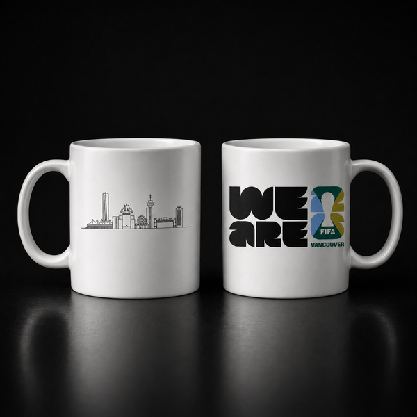 Two white mugs with FIFA World Cup designs on a black background