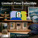 Vancouver-themed collectibles including glasses, a mug, and a hat on a shelf.