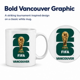 White mug with 2026 FIFA Vancouver design on a white background