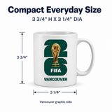 White mug with FIFA Vancouver graphic and measurements on a white background