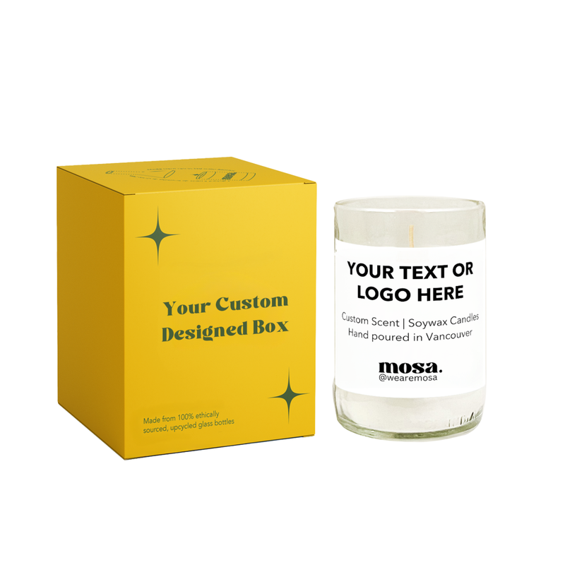 Yellow box and clear glass candle with 'mosa.' branding on a white background