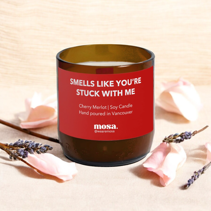 Sustainable gifts made with recyclable glassware, cherry merlot scented soy candle with valentine package 