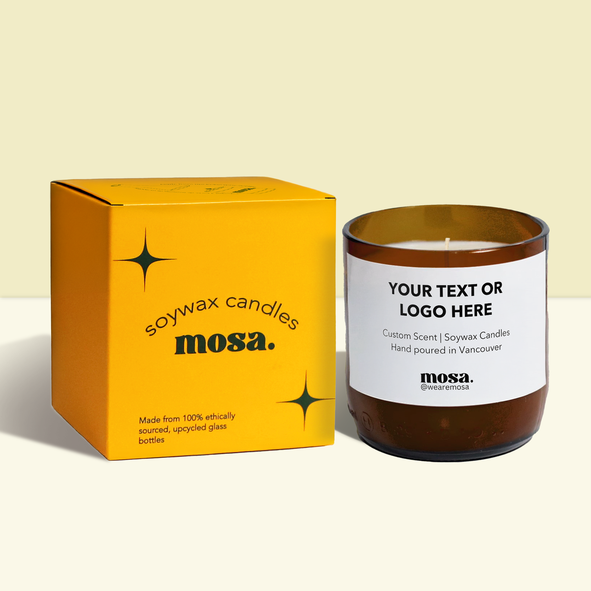Soywax candle with customizable label and yellow packaging on a beige background
