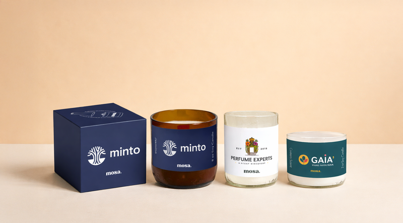 Custom Candle and packaging with 'minto' branding on a beige background