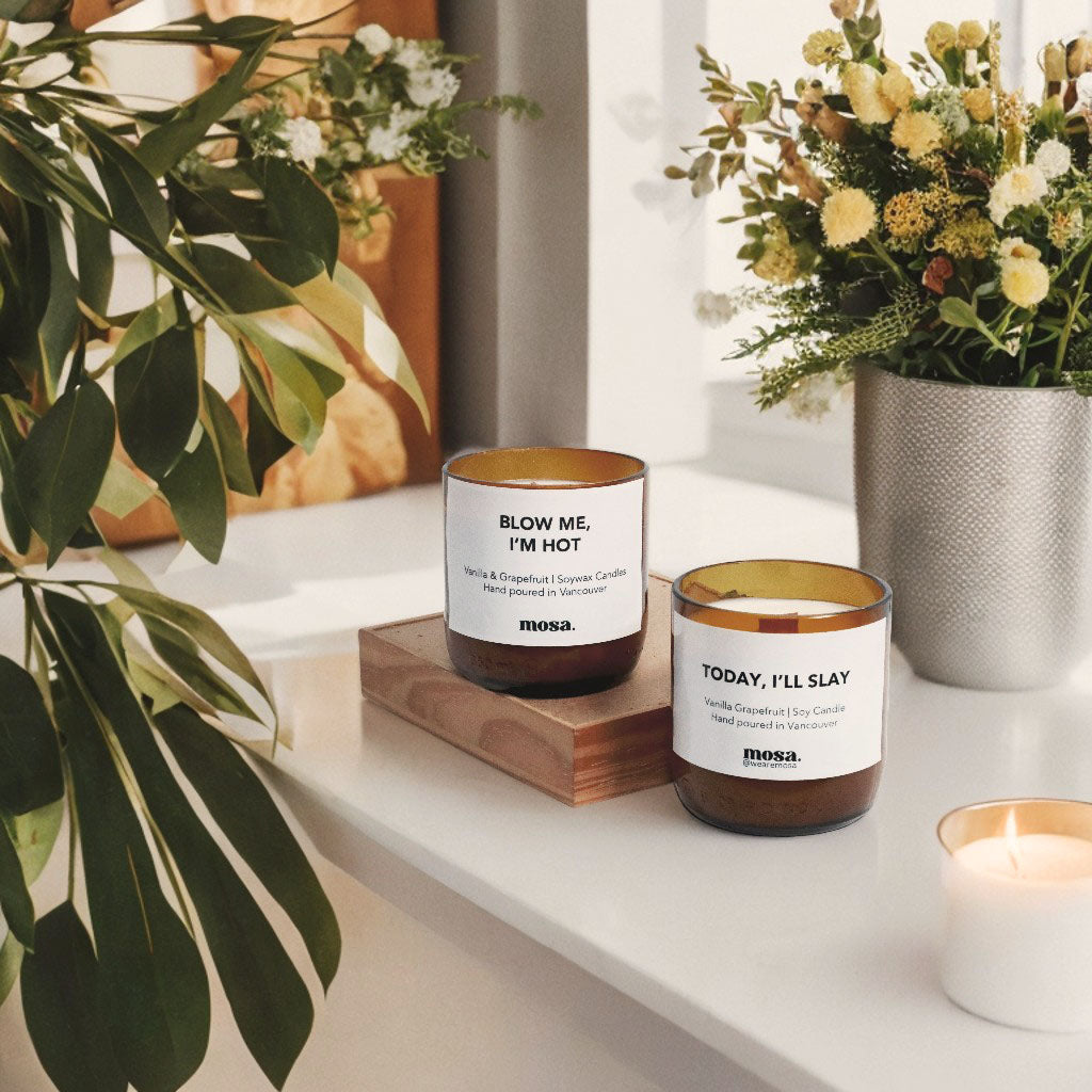 Eco-friendly gifts made with recyclable glassware, vanilla and grapefruit soy wax candle