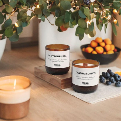 Eco-friendly gifts made with recyclable glassware, apricot and blueberry scented candle