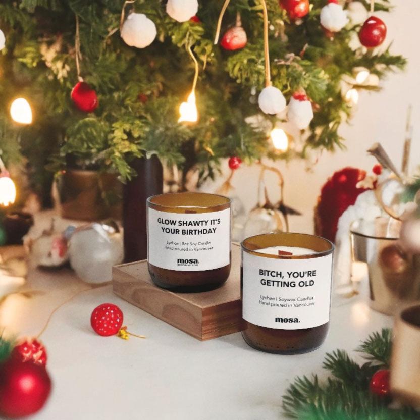 Eco-friendly gifts made with recyclable glassware, lychee-scented candle