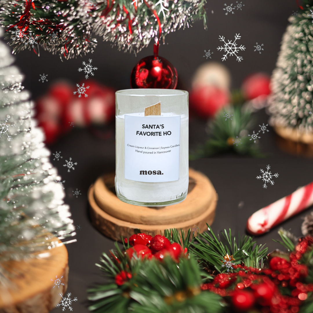 Sustainable gifts made with recyclable glassware, creme liqueur and cinnamon Christmas candle